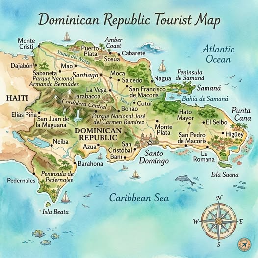 Illustrated tourist map of the Dominican Republic with place names, ships, and a compass rose