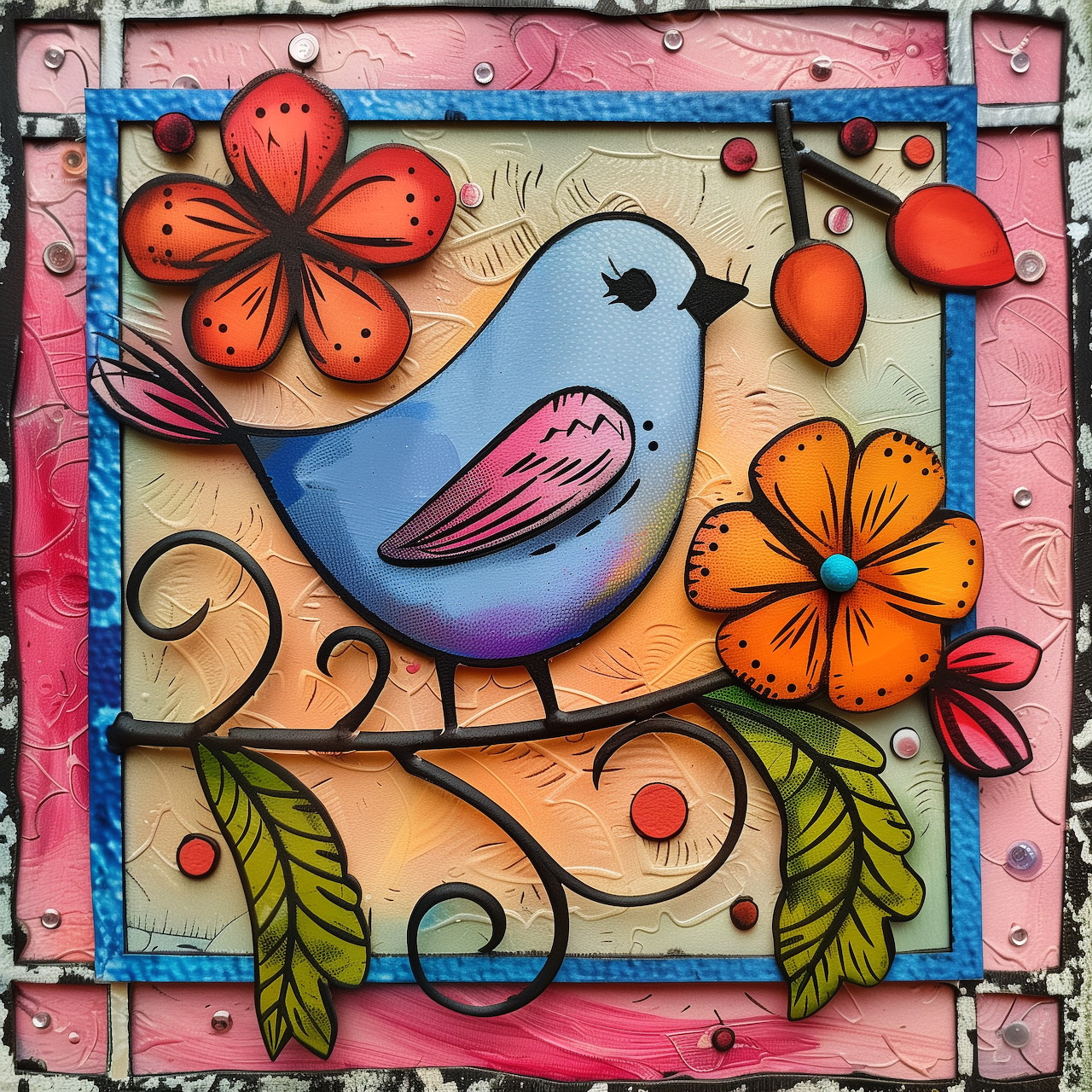 Folk art style blue bird with orange flowers and decorative swirls in pink frame