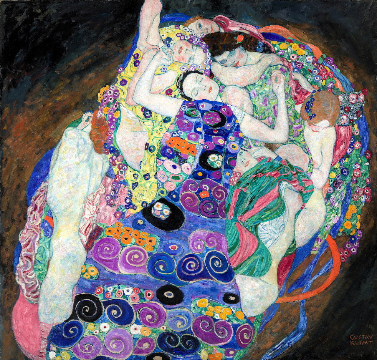 Klimt painting showing women with flowing hair surrounded by colorful circular patterns and ornamental designs