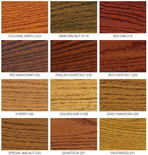 Grid of twelve labeled wood stain samples showing various brown tones and wood grain patterns