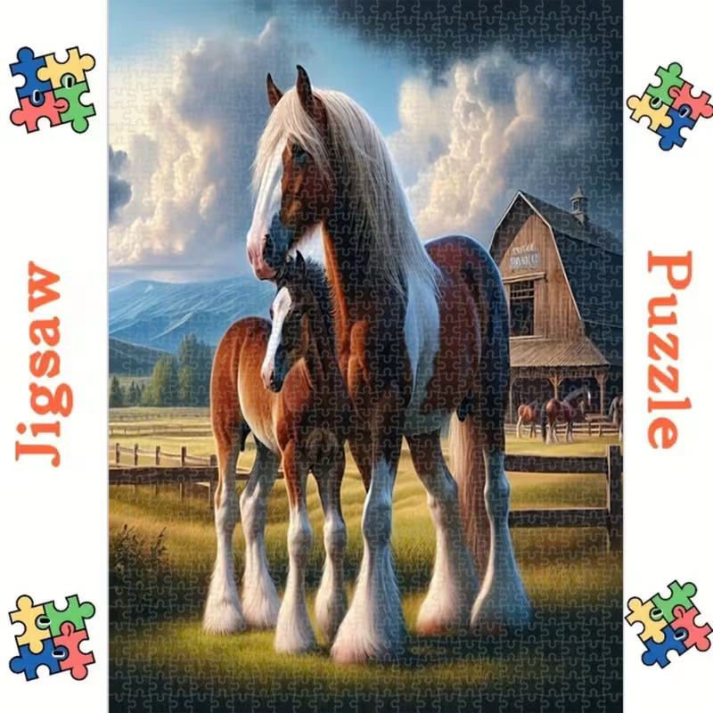Two draft horses in a pasture beside a barn with mountains and clouds behind them