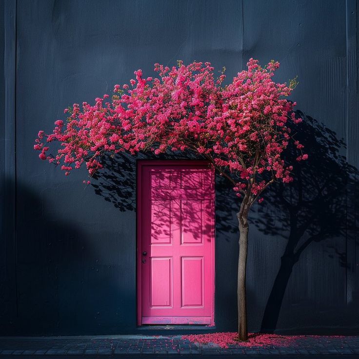 Pink Door with Flowering Tree