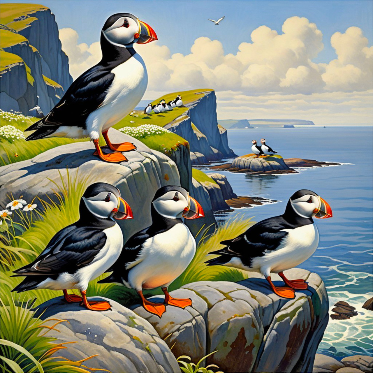 Five puffins standing on gray rocks by blue ocean with cloudy sky and coastal cliffs in background