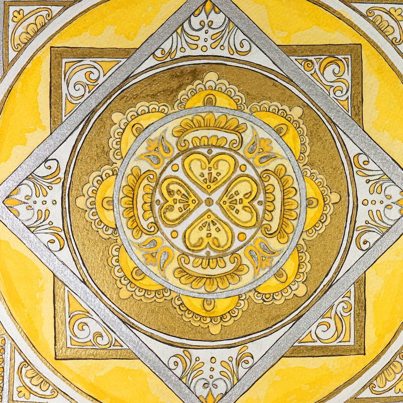 Ornate golden mandala with symmetrical geometric patterns and decorative flourishes in yellow and white tones