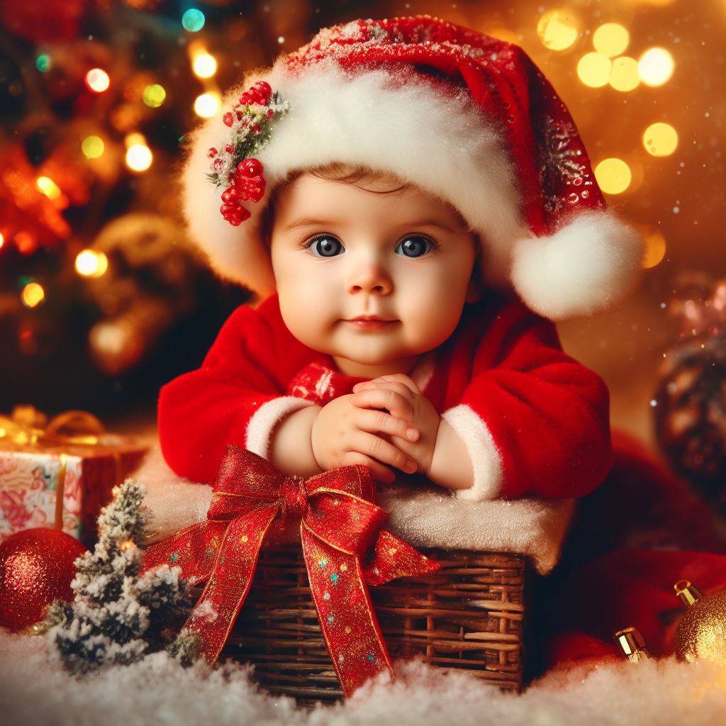 Baby in red Santa hat and outfit with Christmas decorations and twinkling lights