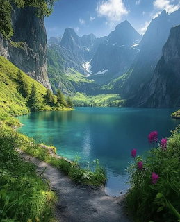 Turquoise mountain lake surrounded by steep green peaks with a path and wildflowers in the foreground