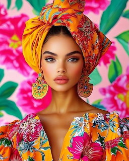 Woman in orange floral headwrap and dress with gold earings against a pink floral background