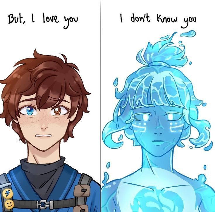Split-panel fan art of a brown-haired boy and a translucent blue girl made of water.