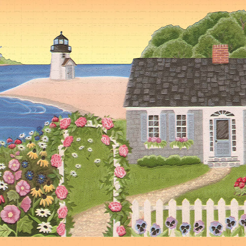 Painted coastal cottage with flower garden, picket fence, and lighthouse by the ocean