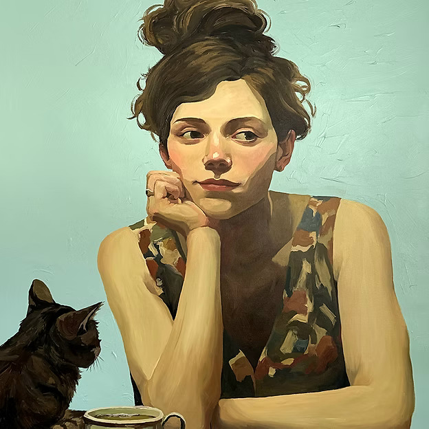 Painting of a thoughtful woman seated beside a black cat and a cup