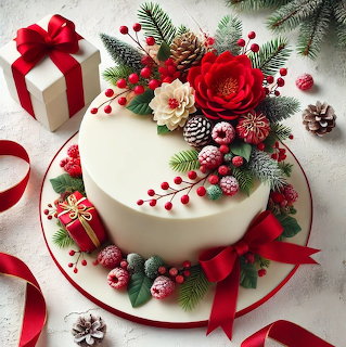 White Christmas cake topped with red flowers, berries, pine cones, pine sprigs, and red ribbon