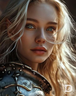Portrait of blonde woman with blue eyes wearing medieval armor against dark background