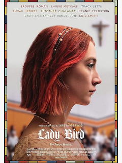 Lady Bird movie poster with a side profile of a red-haired young woman indoors