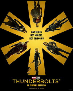 Thunderbolts movie poster with silhouettes radiating from center on yellow and black striped background