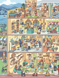 Cross-section illustration of a multi-story apartment building showing residents in different rooms across multiple floors