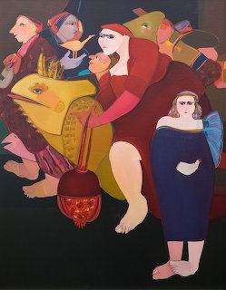 Stylized figurative painting with women and bird-like forms in red, blue, yellow, and black