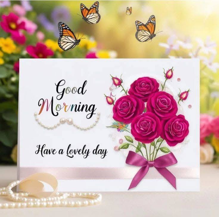 Greeting card with pink roses, butterflies, and Good Morning text on a tabletop