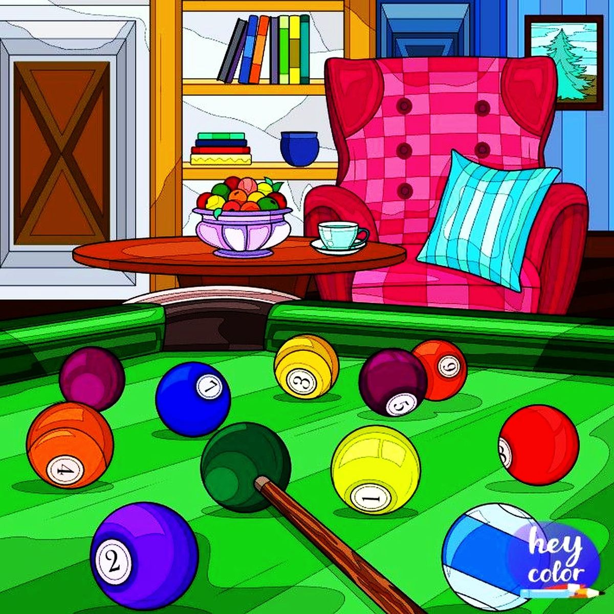 Cartoon living room with billiard table, pink armchair, striped cushion, bookshelf, and colorful pool balls
