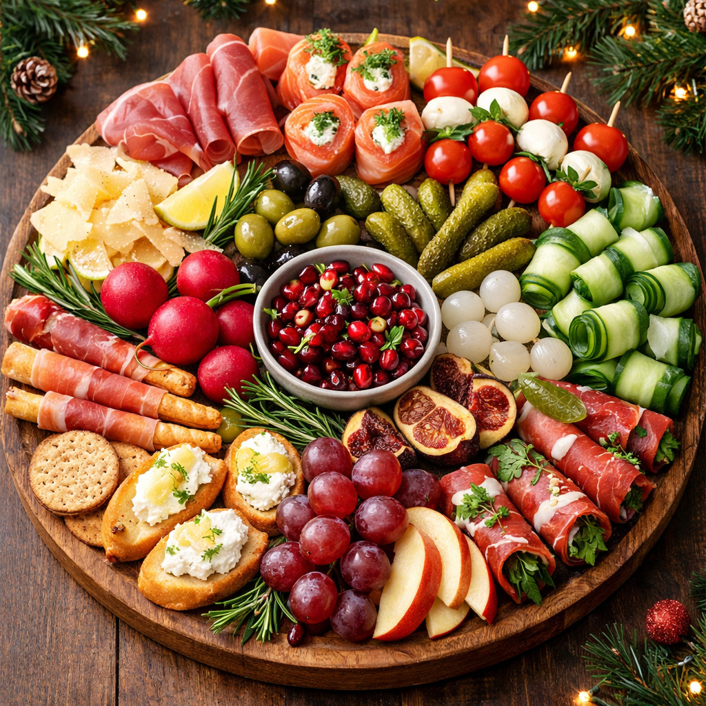 Circular wooden charcuterie board with meats, cheese, fruits, vegetables and holiday decorations