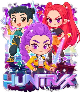 Chibi illustration of three colorful girls with swords and the HUNTR/X logo