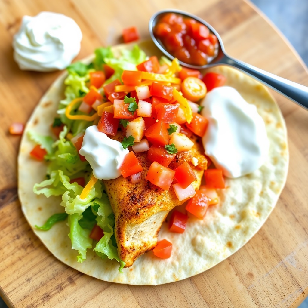 Chicken taco with lettuce, tomatoes, corn, salsa and sour cream on flour tortilla