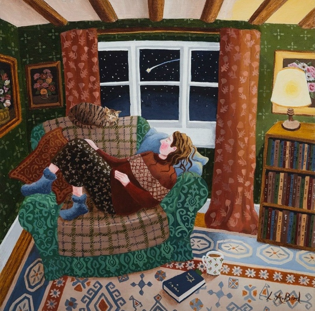 Person reading in patterned armchair by starry window with lamp and bookshelves in cozy room