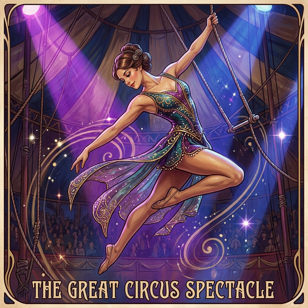 Illustrated female circus acrobat posing under purple spotlights in a vintage circus poster