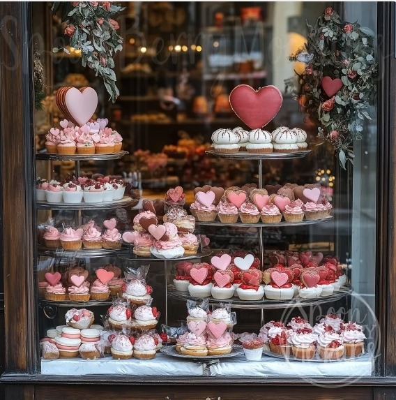 Bakery window display with multiple tiers of decorated pink and white cupcakes with heart toppers