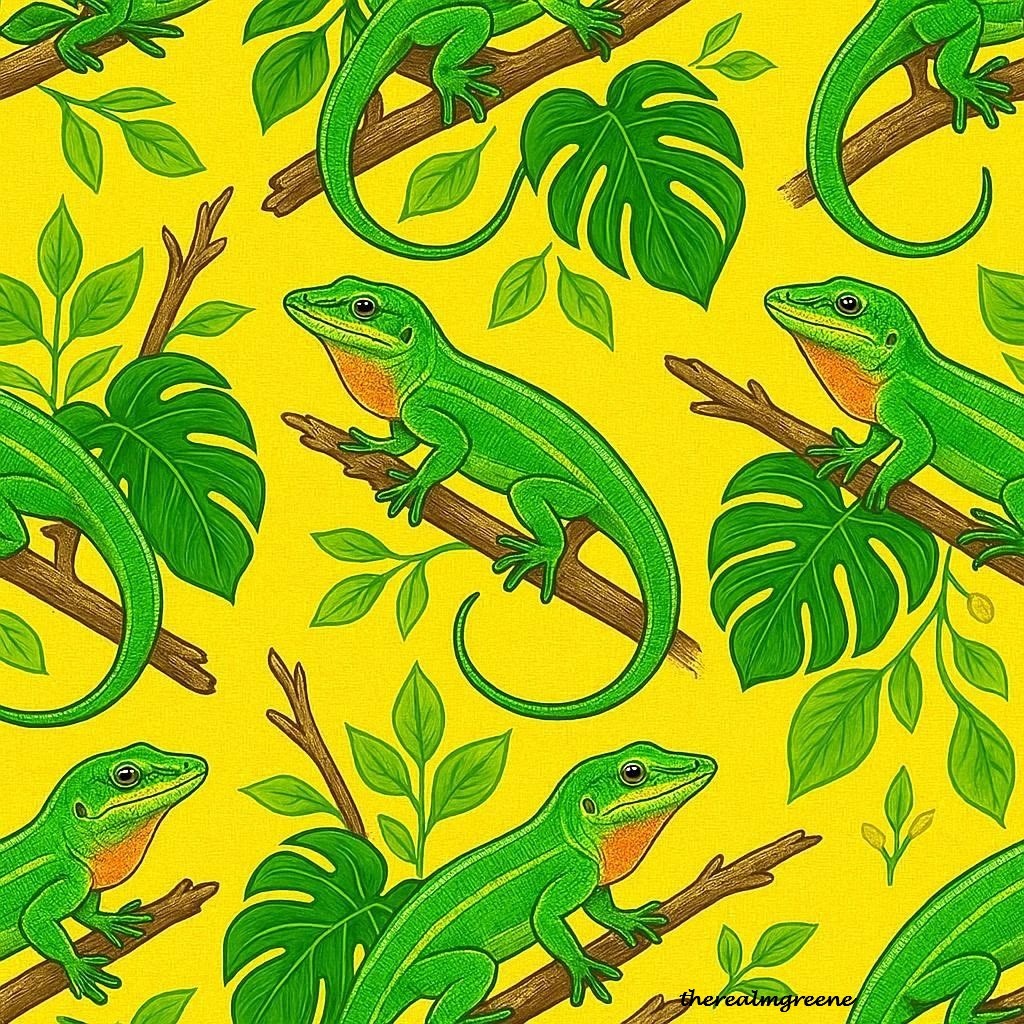 Illustrated pattern of green anole lizards on branches with monstera leaves on yellow background