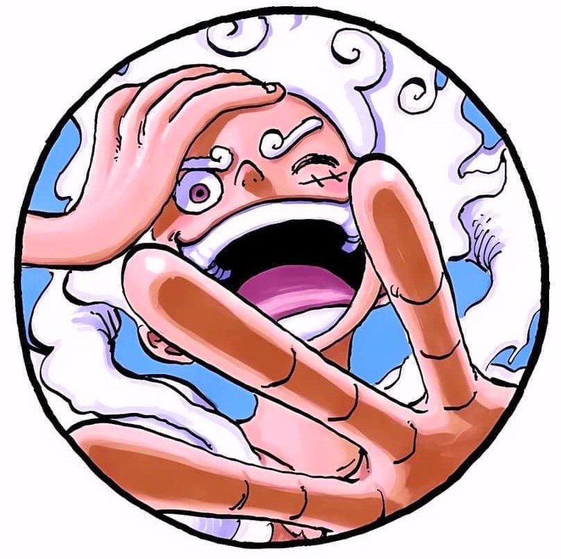 ONE PIECE anime character with wide open mouth and stretched arms in circular frame