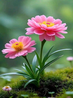 Two pink zinnia flowers with yellow centers growing from mosy ground with blurred green background