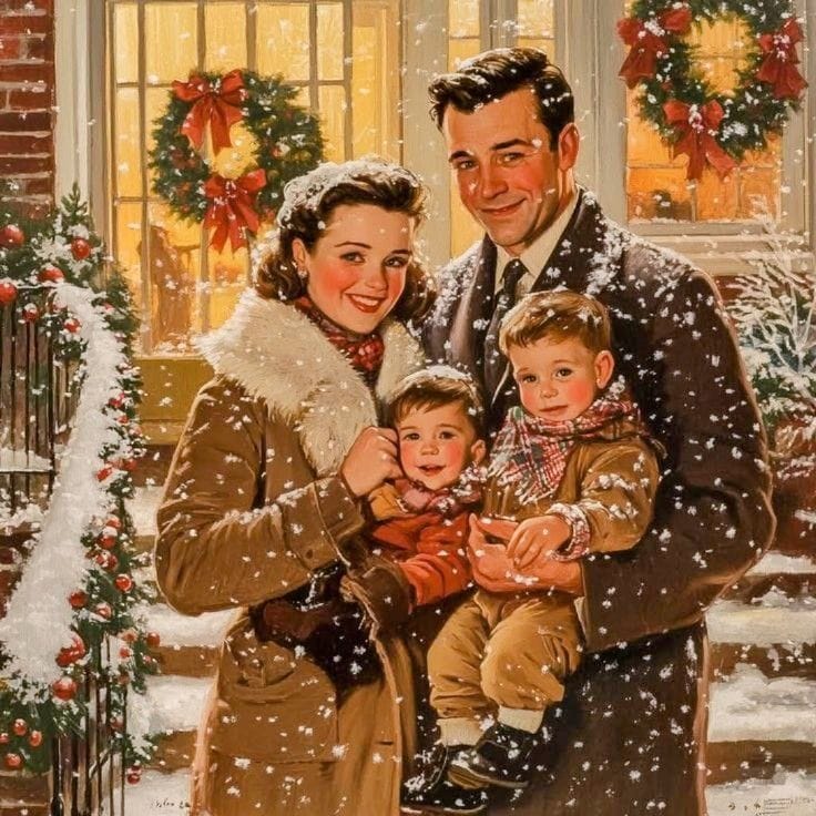 Vintage style illustration of happy family with two children in snowy Christmas scene outside decorated house