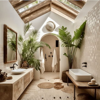 Bright modern bathroom with skylight, tub, sink vanity, arched doorway, and large tropical plants