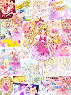Collage of anime illustrations of Cure Miracle from Maho Tsukai PreCure in pink outfit with blonde hair