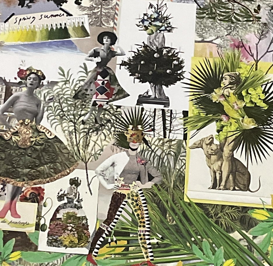 Mixed media collage with vintage photos, plants, animals, and botanical illustrations layered together