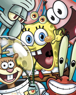 Colorful SpongeBob SquarePants cartoon collage showing character faces and expressions in yellow, blue, and pink tones