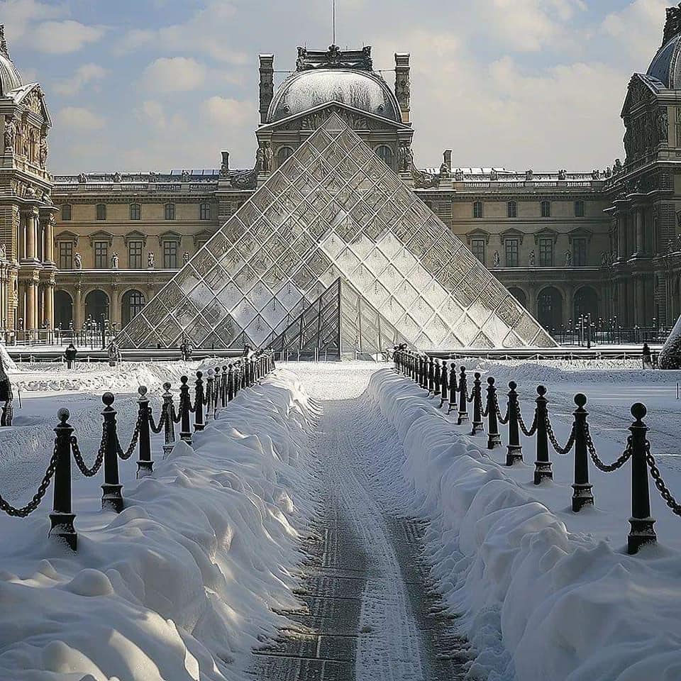 Snow-covered path leading to the Louvre glass pyramid in Paris courtyard