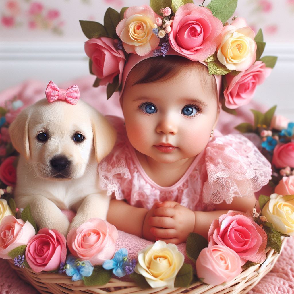 Baby in pink dress with flower crown holding white puppy in flower basket