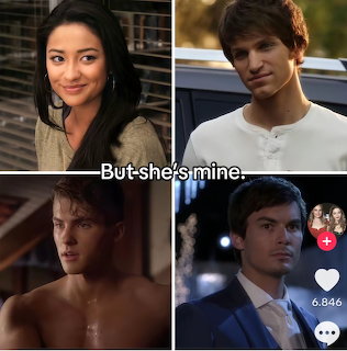 Four-panel TV character collage with close-up portraits, subtitle text, and social media icons