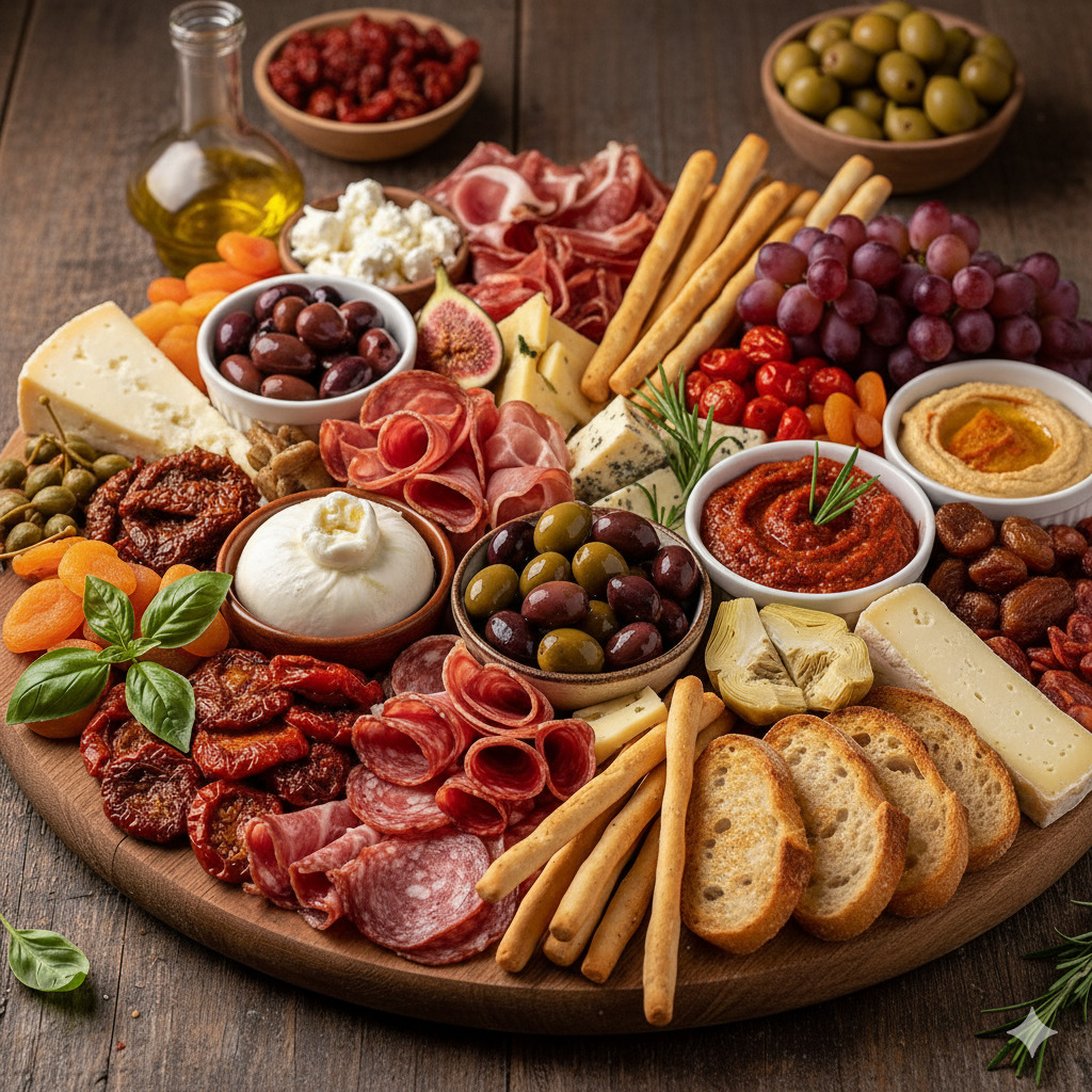 Mediterranean charcuterie board with meats, cheeses, olives, grapes, breadsticks, and dips on wooden platter