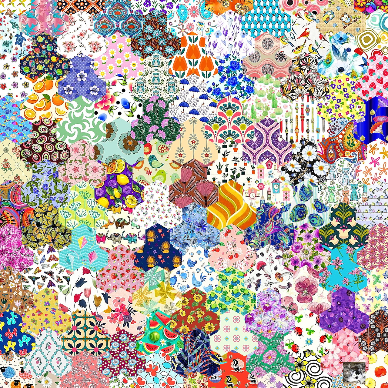 Colorful patchwork collage with hexagonal patterns, florals, dots, and geometric designs in vibrant mixed colors