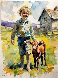 Watercolor painting of a young boy holding a small goat in front of a farm cottage