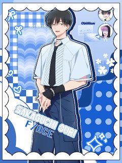 Anime boy in white school uniform with blue tie and checkered background