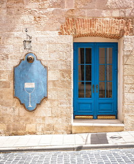 Greek Blue Doors Stone Wall