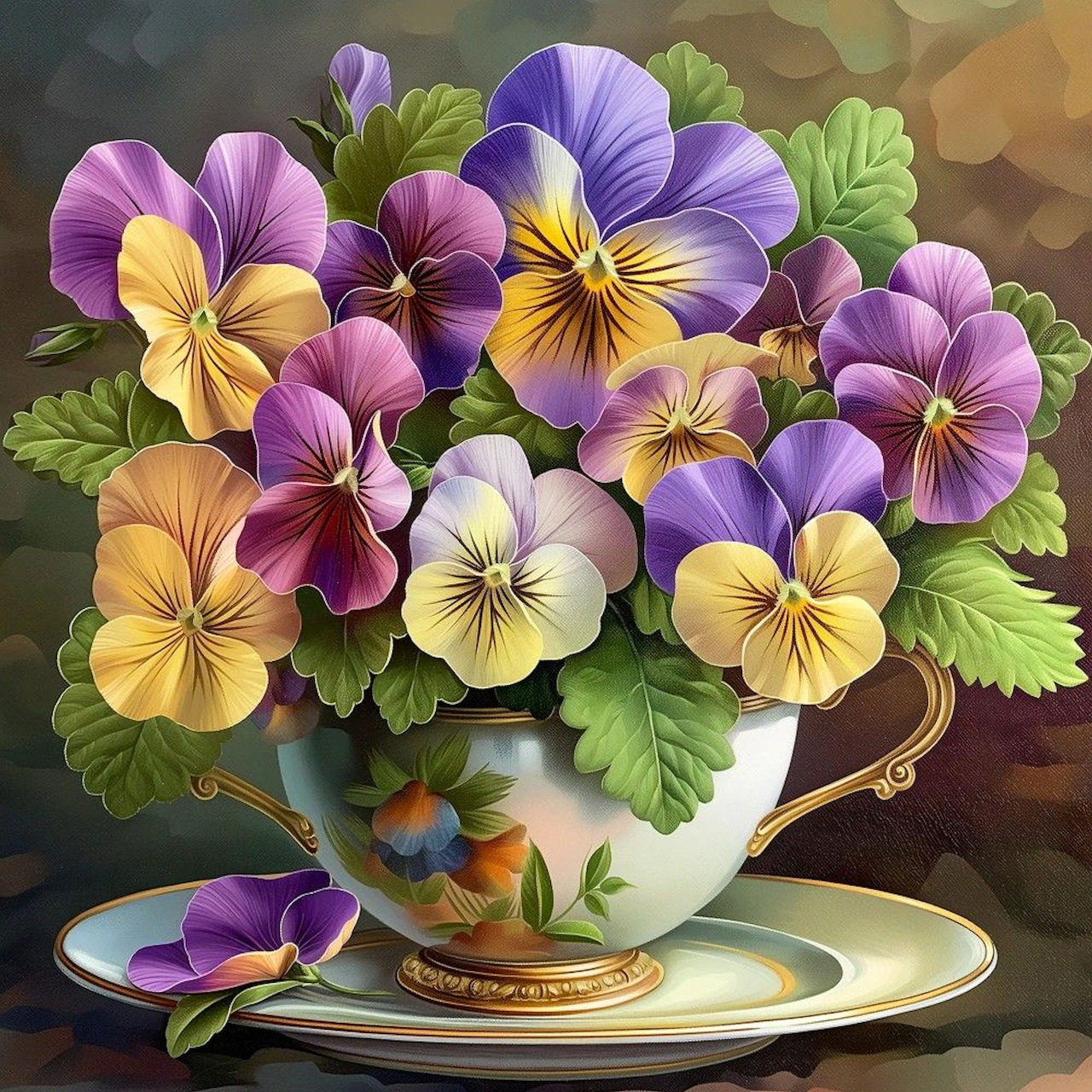 Purple, yellow, and pink pansies in decorative white teacup on saucer