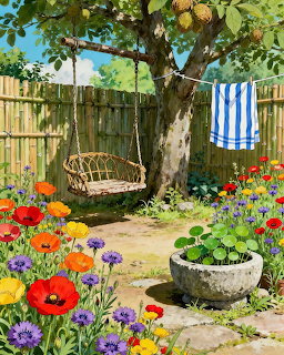 Painted garden with swing under tree, colorful flowers in beds and stone planter, blue striped towel on fence
