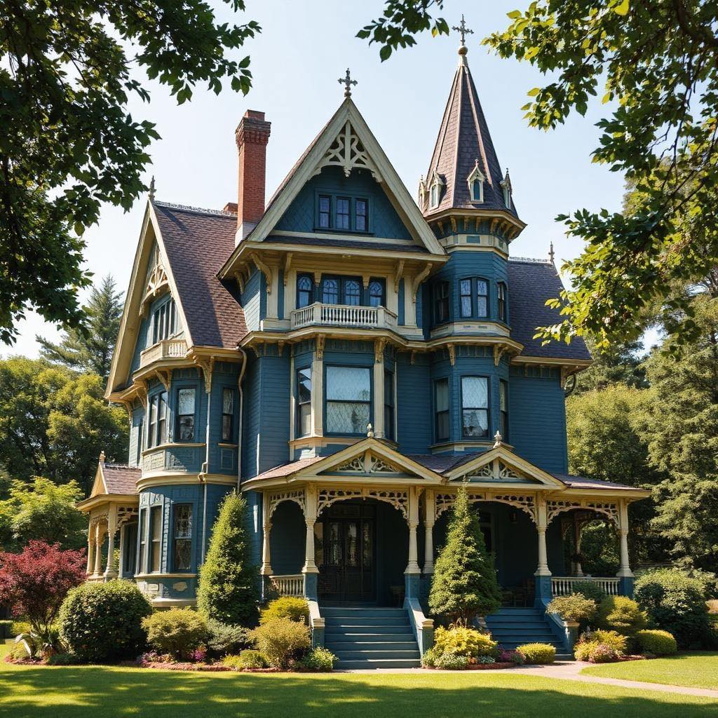 Blue Victorian house with ornate trim, tall gables, porch, and landscaped front yard