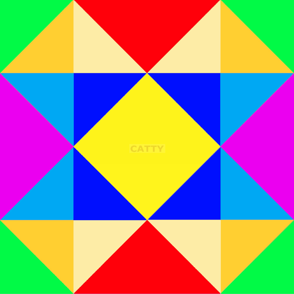 Colorful geometric abstract pattern with symmetrical triangles and diamond shapes in bright primary and secondary colors