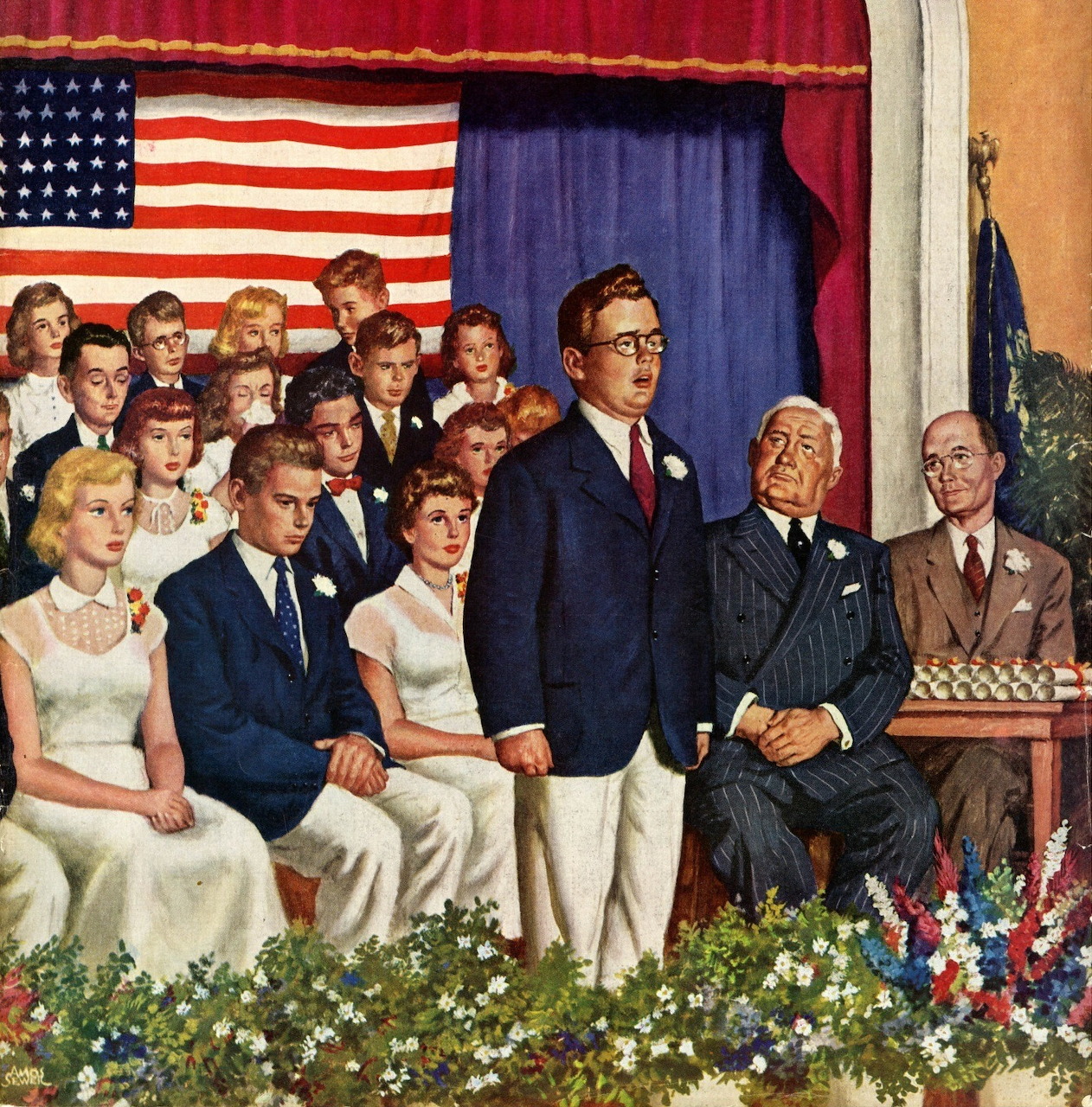 Vintage painting of a student giving a graduation speech on stage with classmates, flags, and flowers
