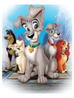 Group of five cartoon dogs from Lady and the Tramp movie, featuring the main characters in a family portrait style